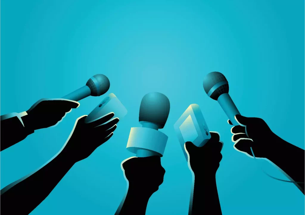 Graphic of hands holding up microphones meant to represent reporters getting the scoop.
